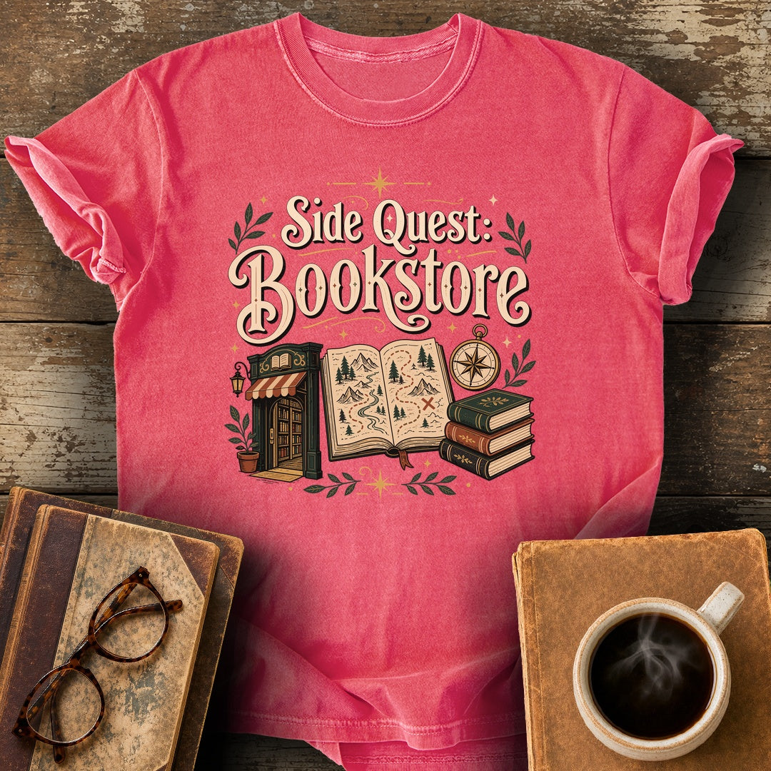 Side Quest Bookstore T-Shirt - watermelon shirt mockup